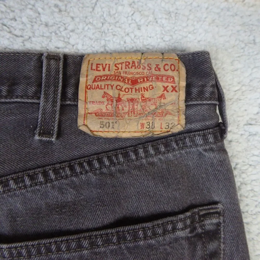 Levis 501 Jeans Mens 38x32 Black Denim Button Fly Distressed Straight Leg Y2K
